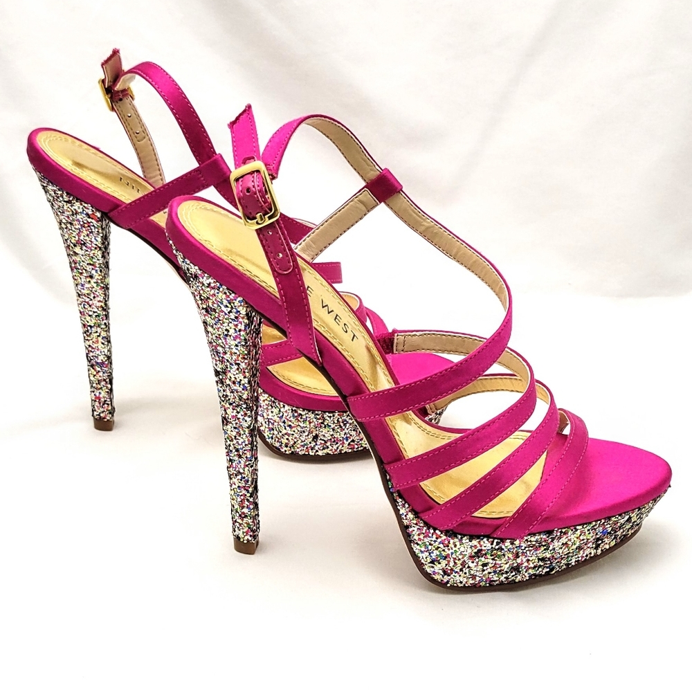 Nine West Pink Strappy Glitter Party Platform Heels